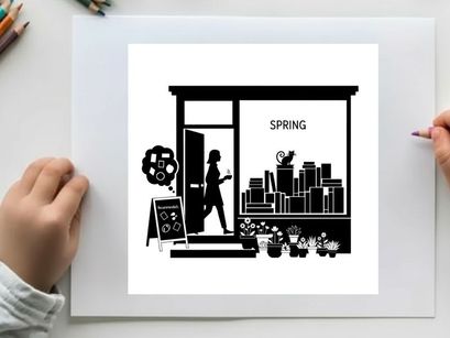 Silhouette of woman entering storefront with spring cityscape and flowers