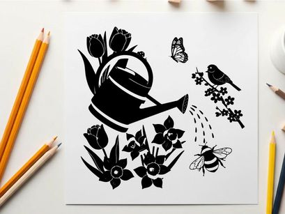 Silhouette of watering can and flowers with birds and insects