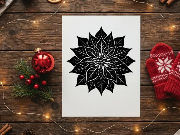Black and white poinsettia flower illustration, isolated Christmas botanical graphic design.