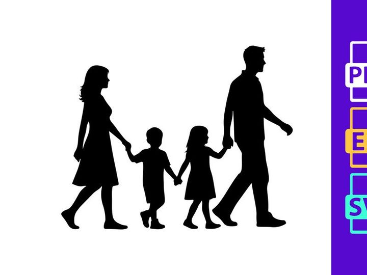 Happy family walking together holding hands silhouette outdoor
