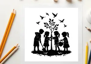 Children planting a tree in silhouette with birds flying overhead