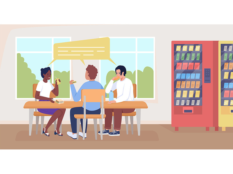 Students on lunch break flat color vector illustration
