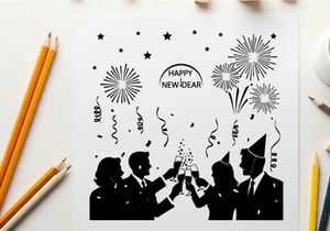 Silhouette of people celebrating happy new year with fireworks and champagne