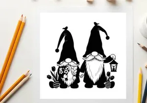 Two gnomes in silhouette with flowers and lantern