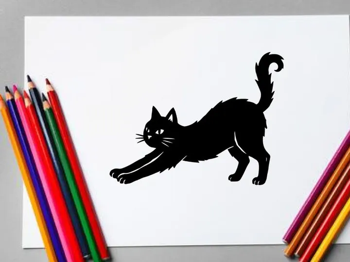Black Cat Stretching Playfully on White Background