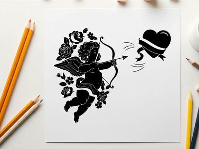 Cupid silhouette shooting arrow at heart with flowers around