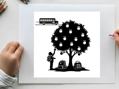 Silhouette of a child picking an apple from a tree near school buses