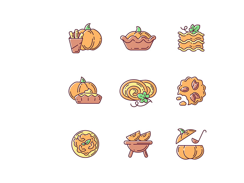 Pumpkin dishes RGB color icons set