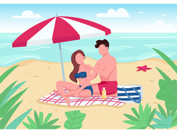 Couple applying sunblock lotion on beach flat color vector illustration preview picture