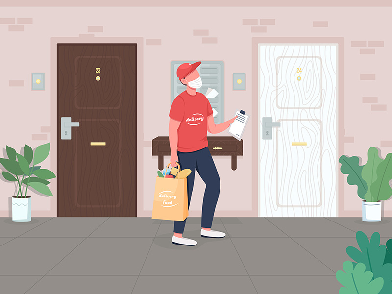 Door food delivery flat color vector illustration