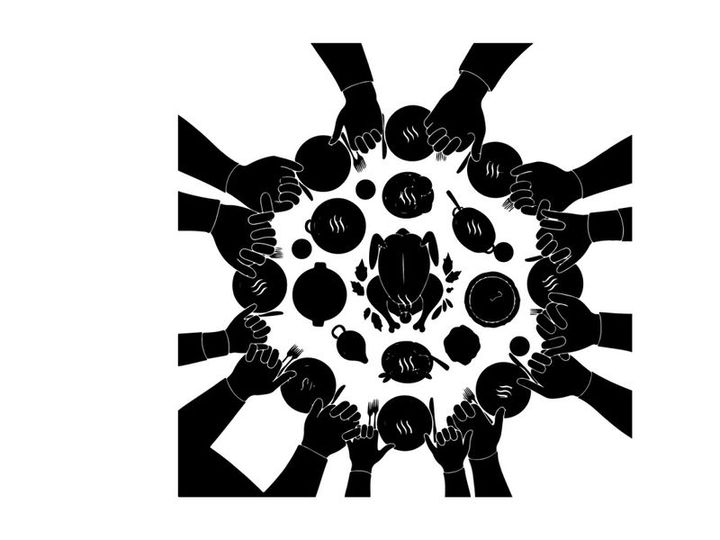 Silhouette of hands holding plates in a circular formation