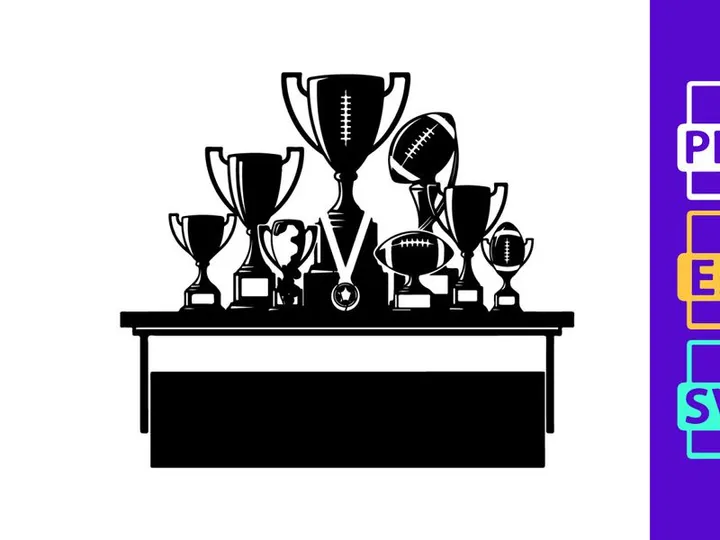 Collection of trophies and medals on a shelf display