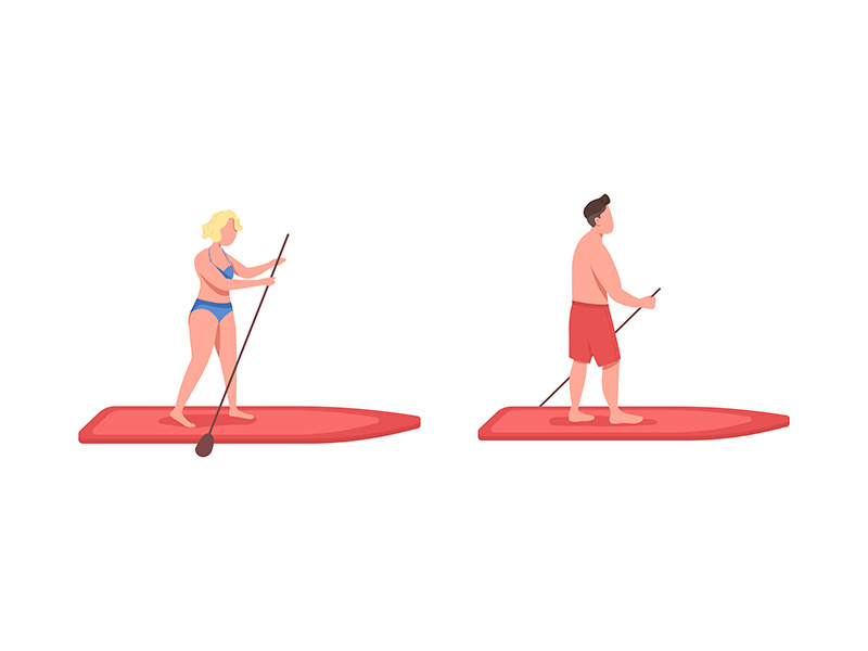 Standup paddleboarding flat color vector faceless character set