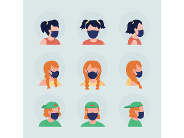 Teens with black masks flat color vector character avatar set preview picture