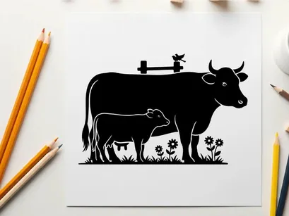 Silhouette of cow and calf in a serene natural setting