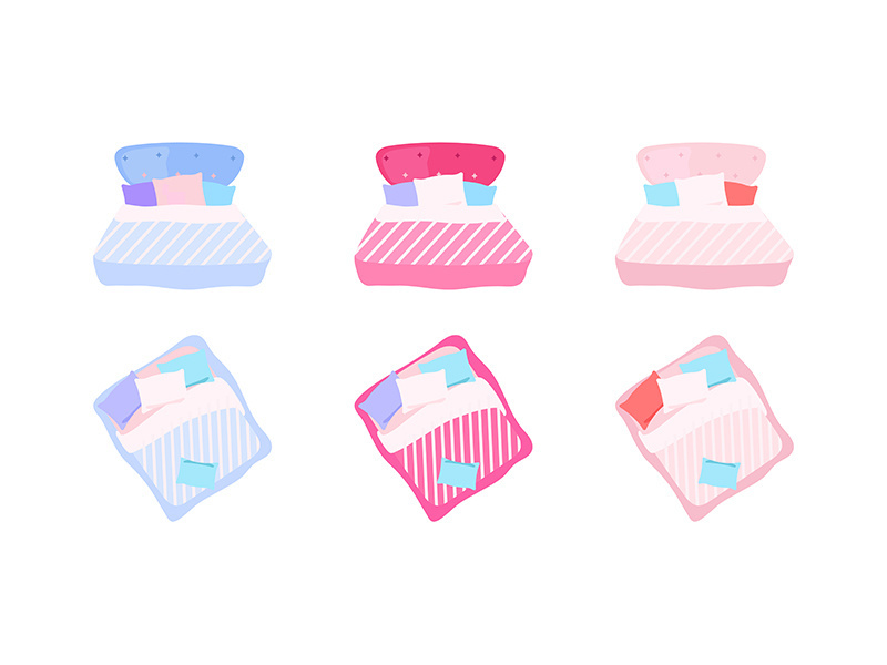 Bed with pillows flat color vector objects set