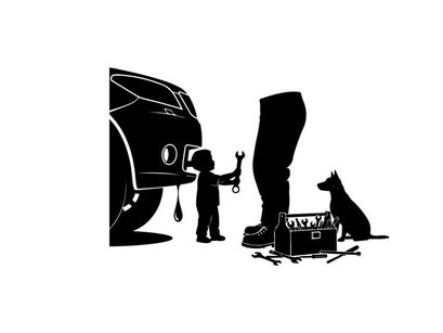 Silhouette of a boy and dog by a broken car with a toolbox