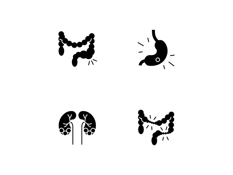 Abdominal pain black glyph icons set on white space