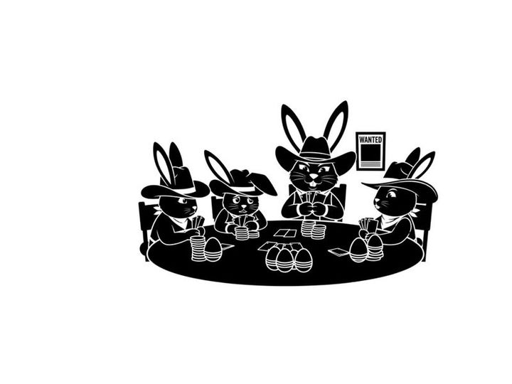Silhouette of rabbits in hats playing poker with chips and cards