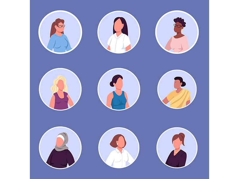 Different nationalities women flat color vector faceless characters icons set