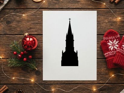 Black silhouette of a church steeple with a cross isolated on a white background