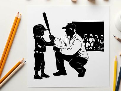 Baseball coach and child silhouette at batting practice