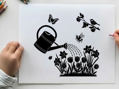 Silhouette of watering can and flowers with butterflies and birds