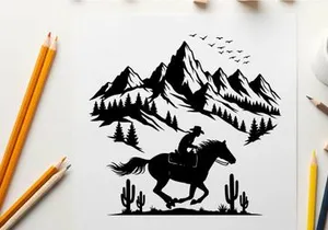 Cowboy riding horse silhouette in mountainous desert landscape
