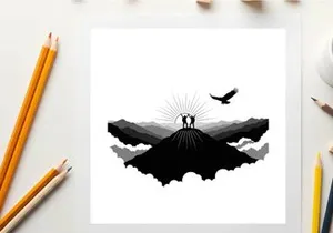 Silhouette of lovers on mountain peak with bird and sun silhouette