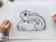 Cute cartoon lizard sitting on rock vector illustration