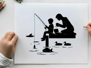 Silhouette of a man and boy fishing together by water preview picture