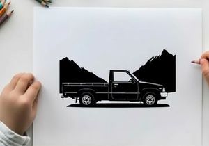 Silhouette of a pickup truck in front of mountains