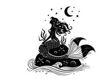 Mermaid silhouette under a starry night sky with crescent moon