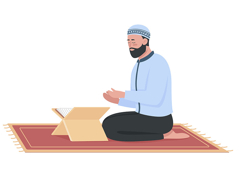 Man praying in mosque semi flat color vector character