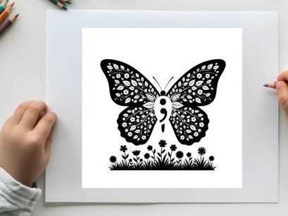 Silhouette of a butterfly with floral patterns and grass