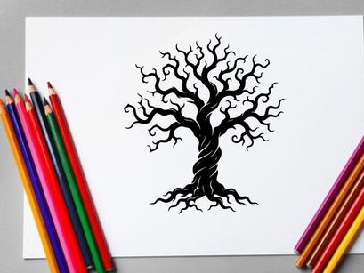 Silueta negra de un árbol sin hojas, retorcido con ramas nudosas