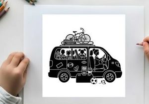 Family on road trip with bicycle on van silhouette