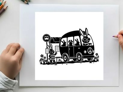 Peaceful silhouette of a bunny driving a psychedelic vw van