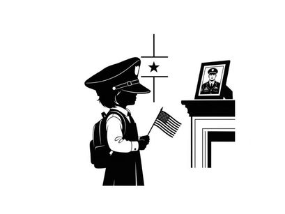 Silhouette of a child holding american flag before a military portrait silhouette