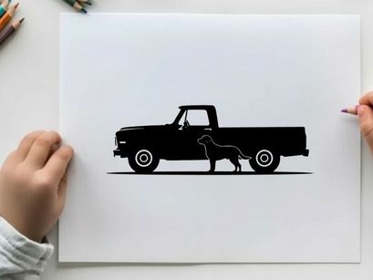 Silhouette of a dog standing beside a classic pickup truck