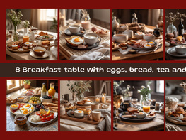 Breakfast table with eggs, bread, tea and fruit preview picture
