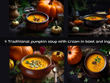 Traditional pumpkin soup with cream in bowl and ingredients preview picture