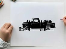 Vintage pickup truck silhouette with group of people and dog