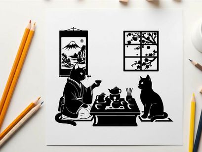 Whimsical silhouette of cats in traditional japanese setting tea ceremony