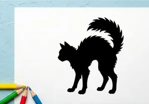 Silhouette eines neugierigen Katers mit flauschigem Schwanz auf weißem Hintergrund