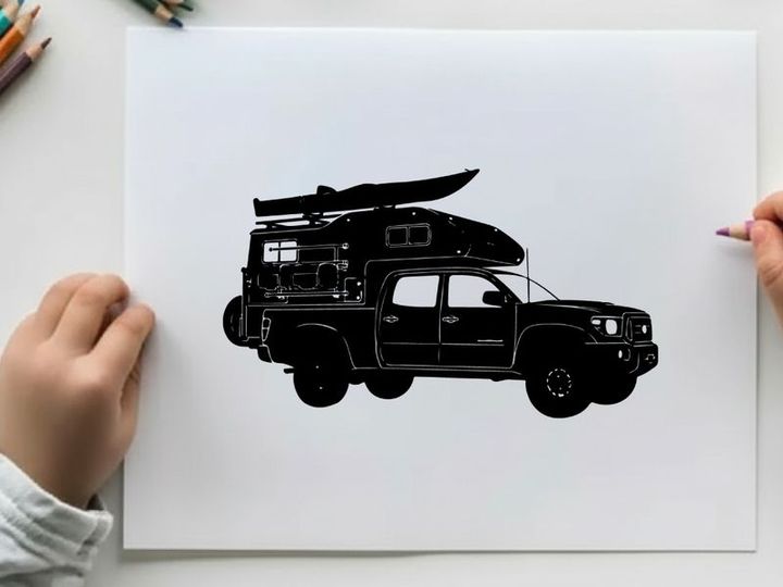 Silhouette of a 4x4 suv with roof rack and kayak