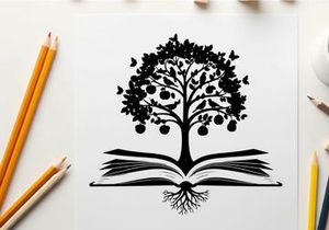 Silhouette of tree growing out of open book with birds