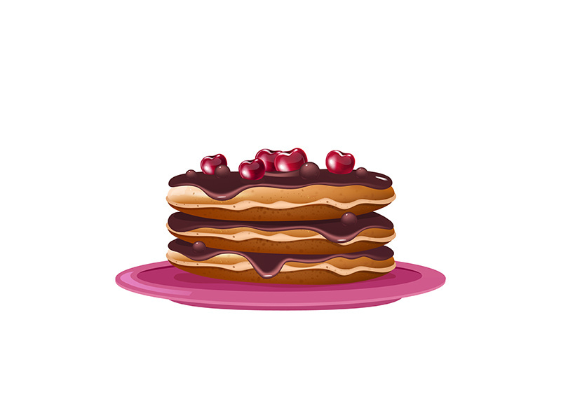 Pancakes with chocolate and cherries realistic vector illustration