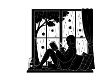 Silhouette of a woman reading by the window on a rainy day