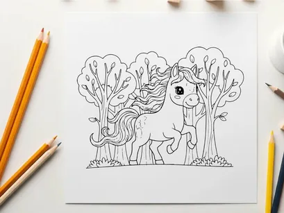 Cute unicorn in magical forest vector illustration